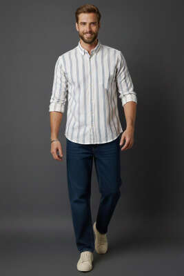 Slim Fit Çizgili Keten Erkek Gömlek Mavi - Erkek Gömlek