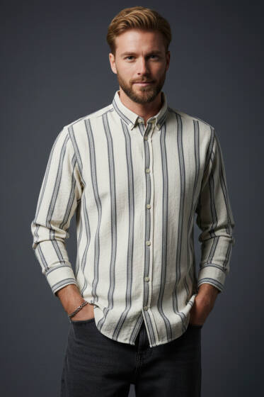 Slim Fit Çizgili Keten Erkek Gömlek Siyah - Erkek Gömlek