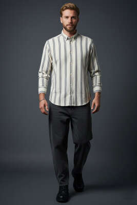 Slim Fit Çizgili Keten Erkek Gömlek Siyah - Erkek Gömlek