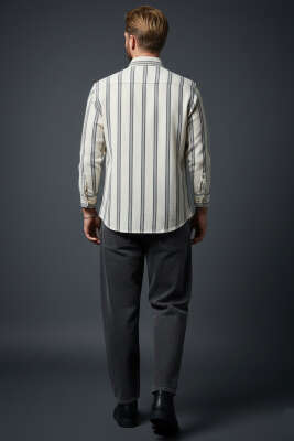 Slim Fit Çizgili Keten Erkek Gömlek Siyah - Erkek Gömlek