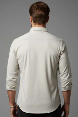Slim Fit Pamuk Saten Erkek Gömlek Bej - Erkek Gömlek