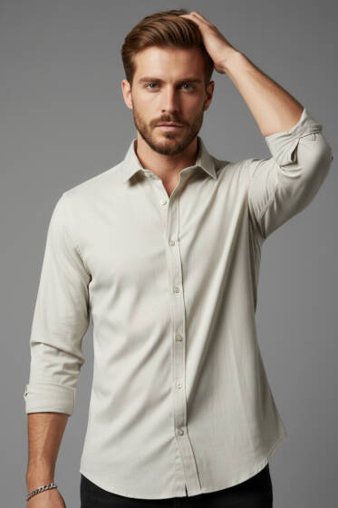 Slim Fit Pamuk Saten Erkek Gömlek Bej - Yeni Erkek Giyim