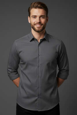 Slim Fit Pamuk Saten Erkek Gömlek Füme - BESSE