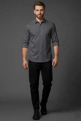 Slim Fit Pamuk Saten Erkek Gömlek Füme - Erkek Gömlek