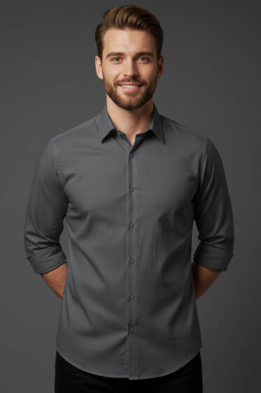 Slim Fit Pamuk Saten Erkek Gömlek Füme - Yeni Erkek Giyim