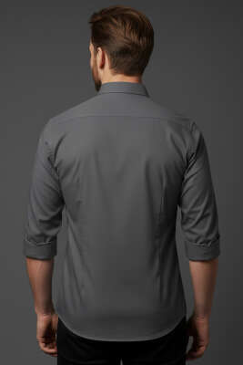 Slim Fit Pamuk Saten Erkek Gömlek Füme - Yeni Erkek Giyim