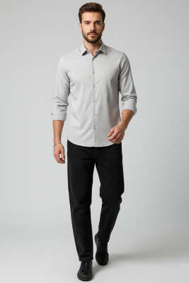 Slim Fit Pamuk Saten Erkek Gömlek Gri - Erkek Gömlek