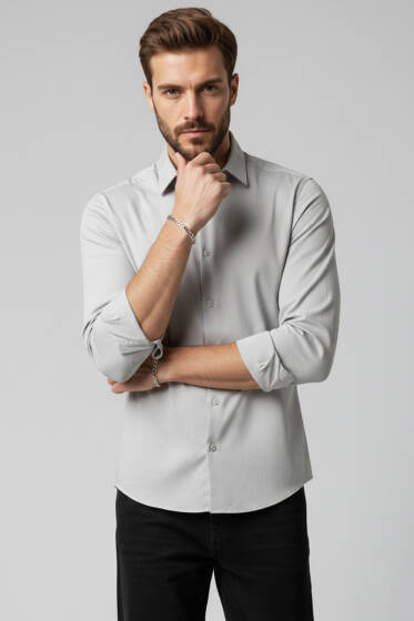 Slim Fit Pamuk Saten Erkek Gömlek Gri - Yeni Erkek Giyim