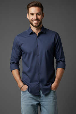 Slim Fit Pamuk Saten Erkek Gömlek Lacivert - BESSE