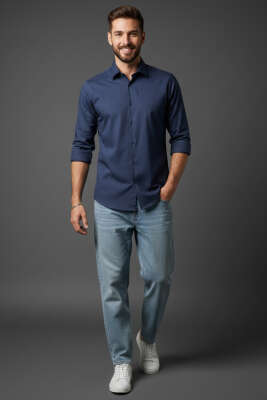 Slim Fit Pamuk Saten Erkek Gömlek Lacivert - Erkek Gömlek