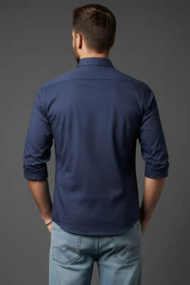Slim Fit Pamuk Saten Erkek Gömlek Lacivert - Erkek Gömlek