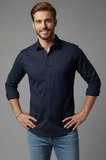 Slim Fit Pamuk Saten Erkek Gömlek Lacivert - Yeni Erkek Giyim
