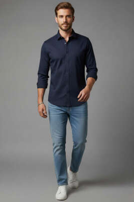 Slim Fit Pamuk Saten Erkek Gömlek Lacivert - Yeni Erkek Giyim