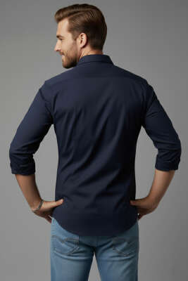 Slim Fit Pamuk Saten Erkek Gömlek Lacivert - Yeni Erkek Giyim