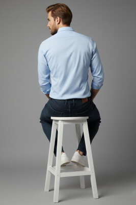 Slim Fit Pamuk Saten Erkek Gömlek Mavi - Yeni Erkek Giyim