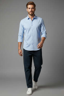Slim Fit Pamuk Saten Erkek Gömlek Mavi - Yeni Erkek Giyim