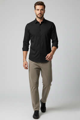 Slim Fit Pamuk Saten Erkek Gömlek Siyah - Erkek Gömlek