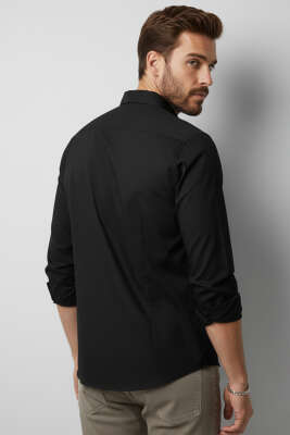Slim Fit Pamuk Saten Erkek Gömlek Siyah - Erkek Gömlek