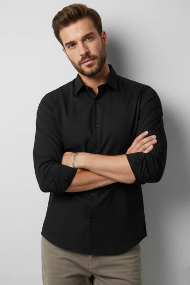 Slim Fit Pamuk Saten Erkek Gömlek Siyah - Yeni Erkek Giyim