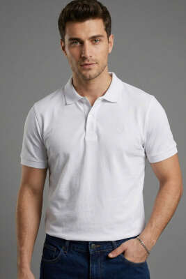 Slim Fit Yaka Düğmeli Erkek T-shirt Beyaz - WİPEOUT