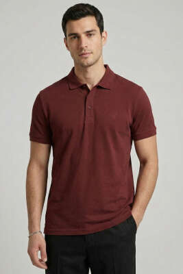 Slim Fit Yaka Düğmeli Erkek T-shirt Bordo 