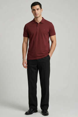 Slim Fit Yaka Düğmeli Erkek T-shirt Bordo - Yılın Fırsatı