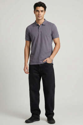 Slim Fit Yaka Düğmeli Erkek T-shirt Füme - Erkek T-shirt