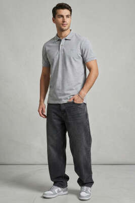 Slim Fit Yaka Düğmeli Erkek T-shirt Gri - Yılın Fırsatı