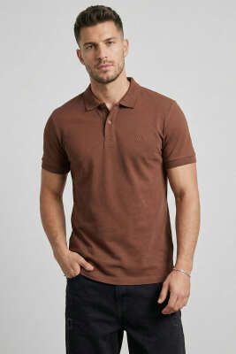 Slim Fit Yaka Düğmeli Erkek T-shirt Kahve 