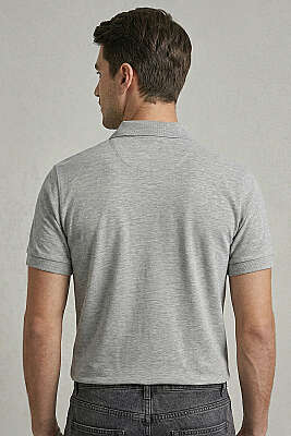 Slim Fit Yaka Düğmeli Erkek T-shirt Melanj Gri - Babalar Günü
