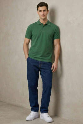 Slim Fit Yaka Düğmeli Erkek T-shirt Nefti - Erkek T-shirt