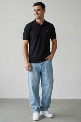 Slim Fit Yaka Düğmeli Erkek T-shirt Siyah - Erkek T-shirt