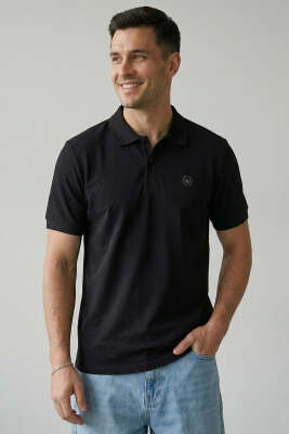 Slim Fit Yaka Düğmeli Erkek T-shirt Siyah - WİPEOUT