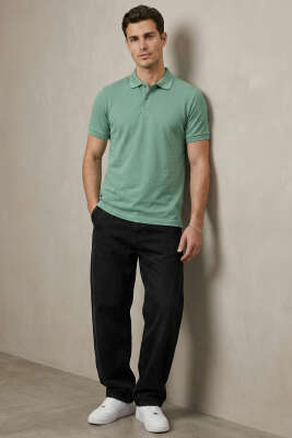 Slim Fit Yaka Düğmeli Erkek T-shirt Su Yeşili - Erkek T-shirt