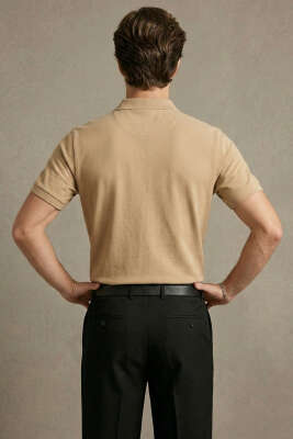 Slim Fit Yaka Düğmeli Erkek T-shirt Vizon - Erkek T-shirt