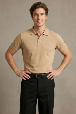 Slim Fit Yaka Düğmeli Erkek T-shirt Vizon - WİPEOUT