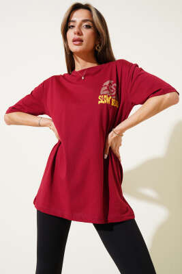 Slow Bliss Baskılı T-shirt Bordo - Kadın Giyim Modelleri