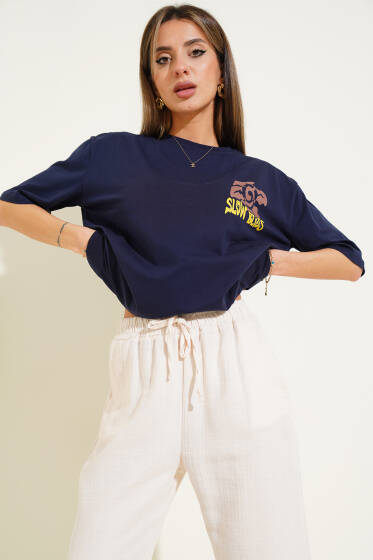 Slow Bliss Baskılı T-shirt Lacivert - Kadın Giyim Modelleri