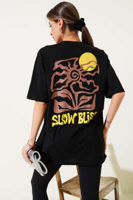 Slow Bliss Baskılı T-shirt Siyah - Kadın Giyim Modelleri