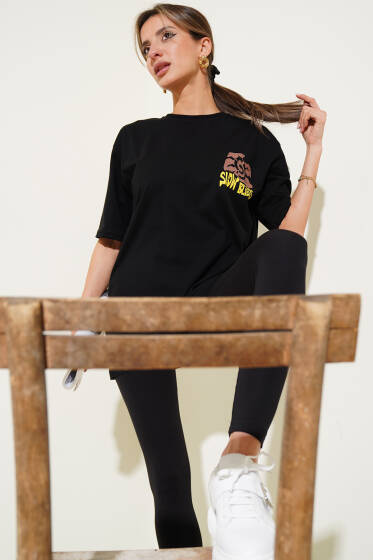 Slow Bliss Baskılı T-shirt Siyah - Kadın Giyim Modelleri