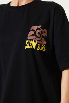 Slow Bliss Baskılı T-shirt Siyah - Kadın Giyim Modelleri
