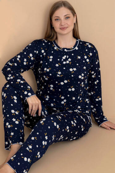 Soft Çiçek Baskılı Büyük Beden Pijama Takımı Lacivert - Pijama