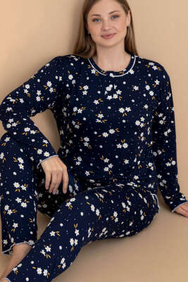 Soft Çiçek Baskılı Büyük Beden Pijama Takımı Lacivert - Pijama