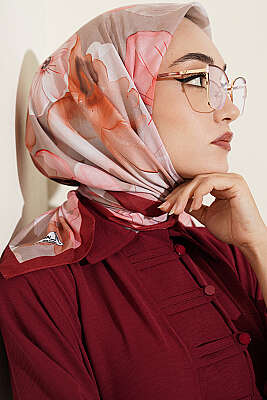 Soft Çiçek Desenli Eşarp Bordo Bej - Başörtüsü