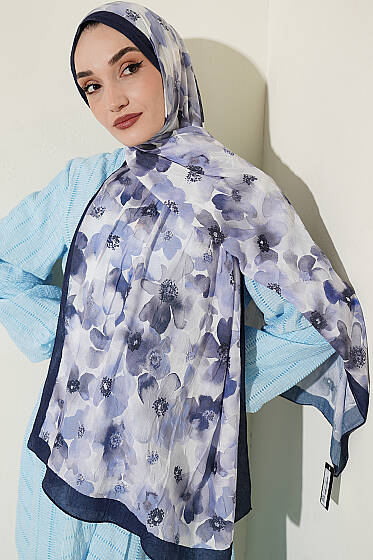Soft Flora Bambu Kraş Şal Lacivert - Başörtüsü