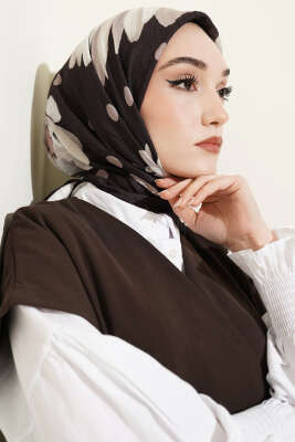 Soft Floral Baskılı Pamuklu Eşarp Acı Kahve - Başörtüsü