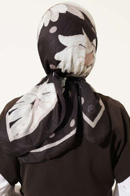 Soft Floral Baskılı Pamuklu Eşarp Acı Kahve - Başörtüsü