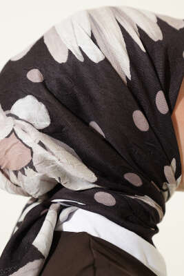 Soft Floral Baskılı Pamuklu Eşarp Acı Kahve - Başörtüsü