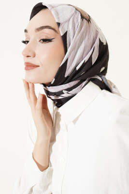 Soft Floral Baskılı Pamuklu Eşarp Acı Kahve Lila - Başörtüsü