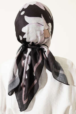 Soft Floral Baskılı Pamuklu Eşarp Acı Kahve Lila - Başörtüsü